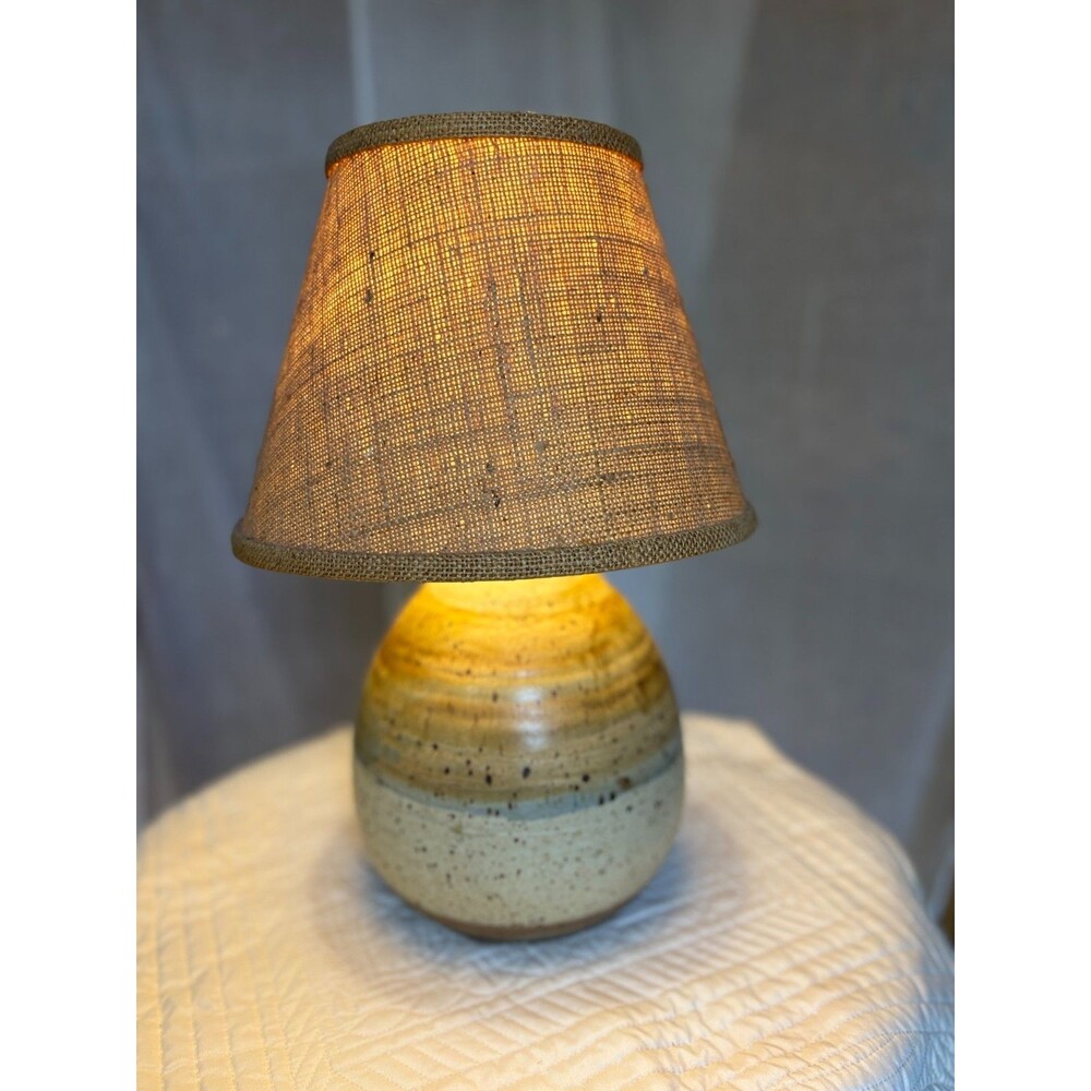 Vintage 1970s Studio Hand Thrown Stoneware Pottery Lamp Bulbous Blue and Brown